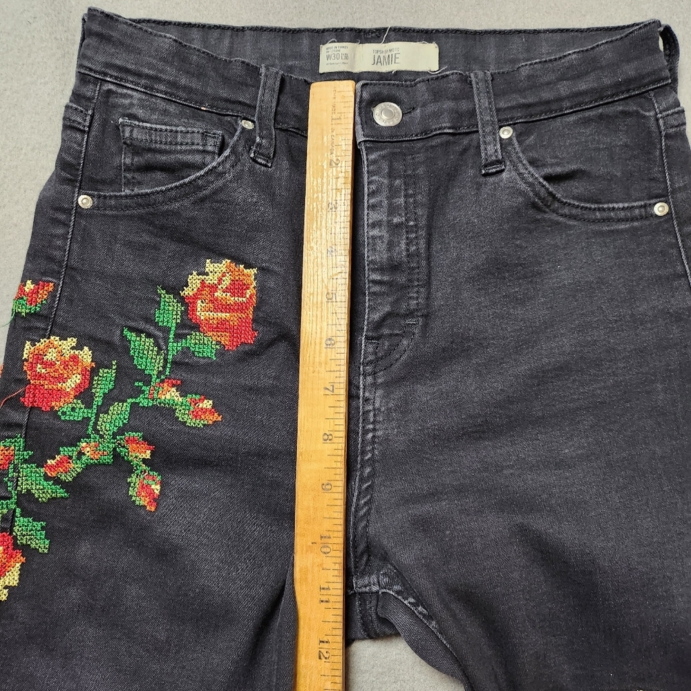 Topshop Jamie High Waisted Embroidered Roses Black Cropped Stretchy Jeans 30 - Picture 14 of 14